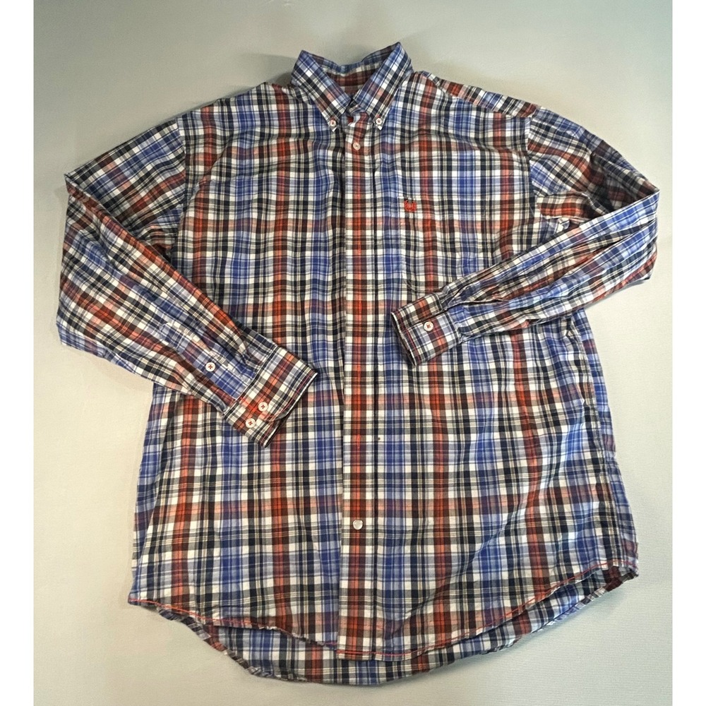 Panhandle Rough Stock Mens Large Plaid Button Down Shirt Blue Orange ROD8002